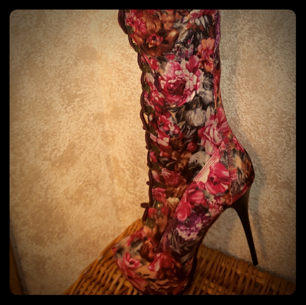 floral thigh high lace up heeled boots